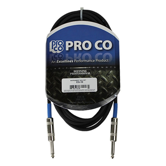 ProCo Sound EG-10 unbalanced instrument cable coiled in Excellines packaging wrap with product label