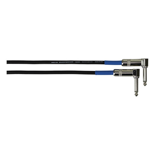 Pro Co Excellines instrument cable detail showing both right-angle 1/4" TS plugs and blue strain reliefs