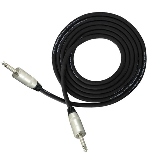 Pro Co Lifelines speaker cable coiled with two 1/4" connectors and printed black jacket