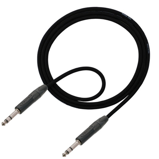 ProCo Sound Ameriquad balanced TRS to TRS cable coiled with both Neutrik 1/4" plugs shown