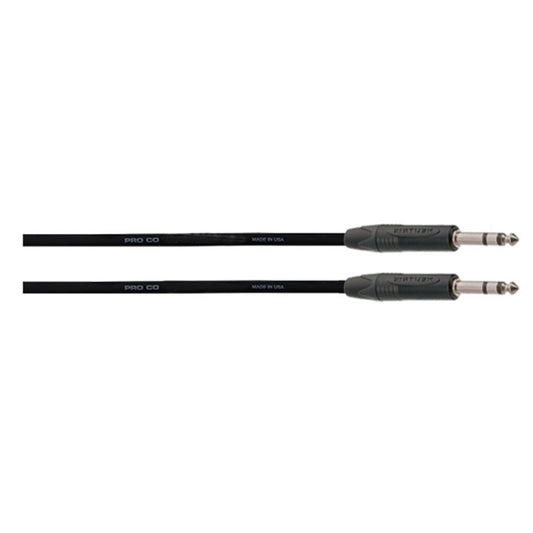 ProCo Sound Ameriquad cable close-up of two straight TRS plugs and Pro Co Made in USA jacket print