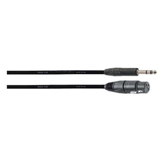 ProCo Sound Ameriquad cable connector detail with TRS plug above female XLR, PRO CO jacket printing