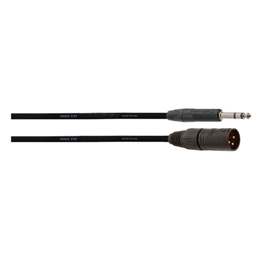 Close-up of ProCo Sound Ameriquad cable TRS and XLR male connectors with Pro Co printed jacket