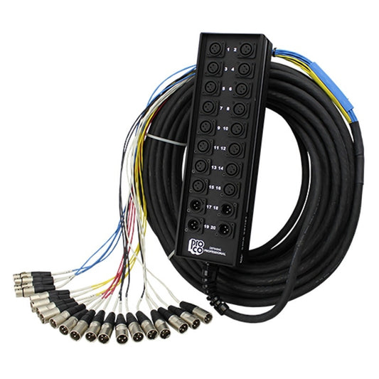 ProCo Sound SMA Series snake stage box with numbered 1 to 20 XLR jacks above coiled black cable