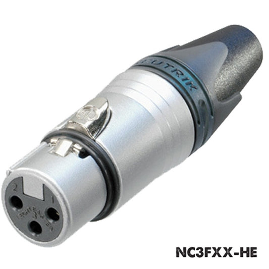 Neutrik NC3FXX-HE 3-pole female XLR cable connector angled view showing numbered pin sockets and latch