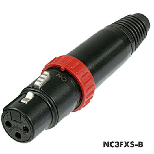 Neutrik NC3FXS-B female XLR cable connector in black with red switch collar and 3-pole contacts