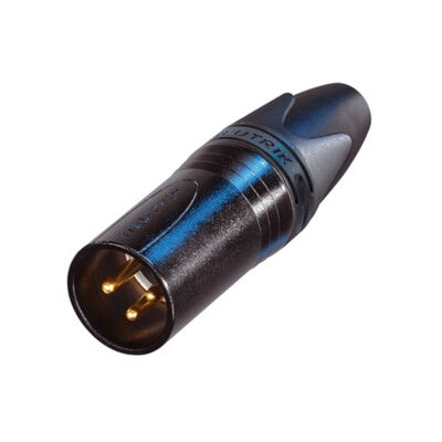 Neutrik NC3MXX-B-D 3-pin male XLR cable connector in black with gold contacts, angled view