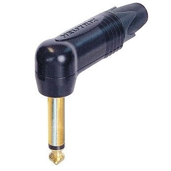 Neutrik NP2RX-B-D right angle 1/4" phone plug with black housing and gold-plated tip