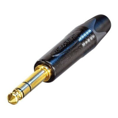 Neutrik NP3X-B-D 1/4" stereo plug with black barrel and gold-plated TRS contacts, angled view