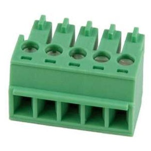 21580 5-position depluggable connector plug, angled front and top view showing five screw terminal openings and wire entry slots on green housing, Lectrosonics