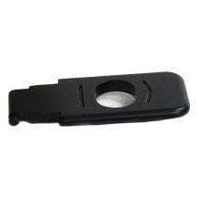 26283 9V battery door for MBATELIM transmitter, top view showing black plastic cover with circular thumb cutout and stepped latch end, Lectrosonics