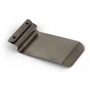 SSM transmitter replacement belt clip, antenna down version, angled top view showing flat stainless steel spring body with two mounting screw holes at the bracket end and curved lip, Lectrosonics