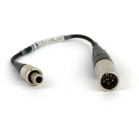 MCATA5MLEMO mic cable adapter, full view of short black cable with LEMO connector on one end and TA5M-style 5-pin connector on the other, white label printed with part number, Lectrosonics