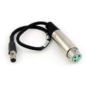 TA3F to XLR female short adapter cable, full length view with coiled black cable, mini TA3F connector on the left and nickel-finish XLR female connector with green insert on the right, Lectrosonics