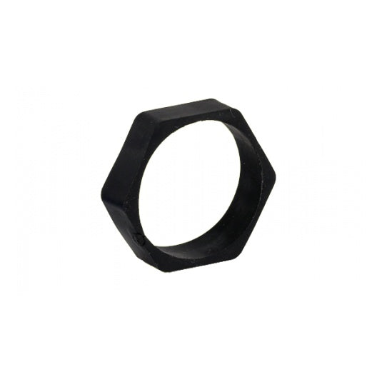 P1298 anti-roll sleeve angled view showing black hexagonal rubber ring with round bore for handheld transmitters, Lectrosonics