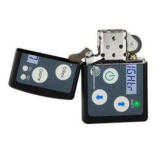 SSMLIGHTR Zippo lighter open view showing SSM transmitter-styled graphics with power, arrow, AUDIO and FREQ buttons and a green BATT LED, Lectrosonics