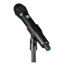 HHA digital hybrid wireless handheld transmitter angled view mounted in a mic stand clip with black mesh grille, teal label and blue end cap, Lectrosonics