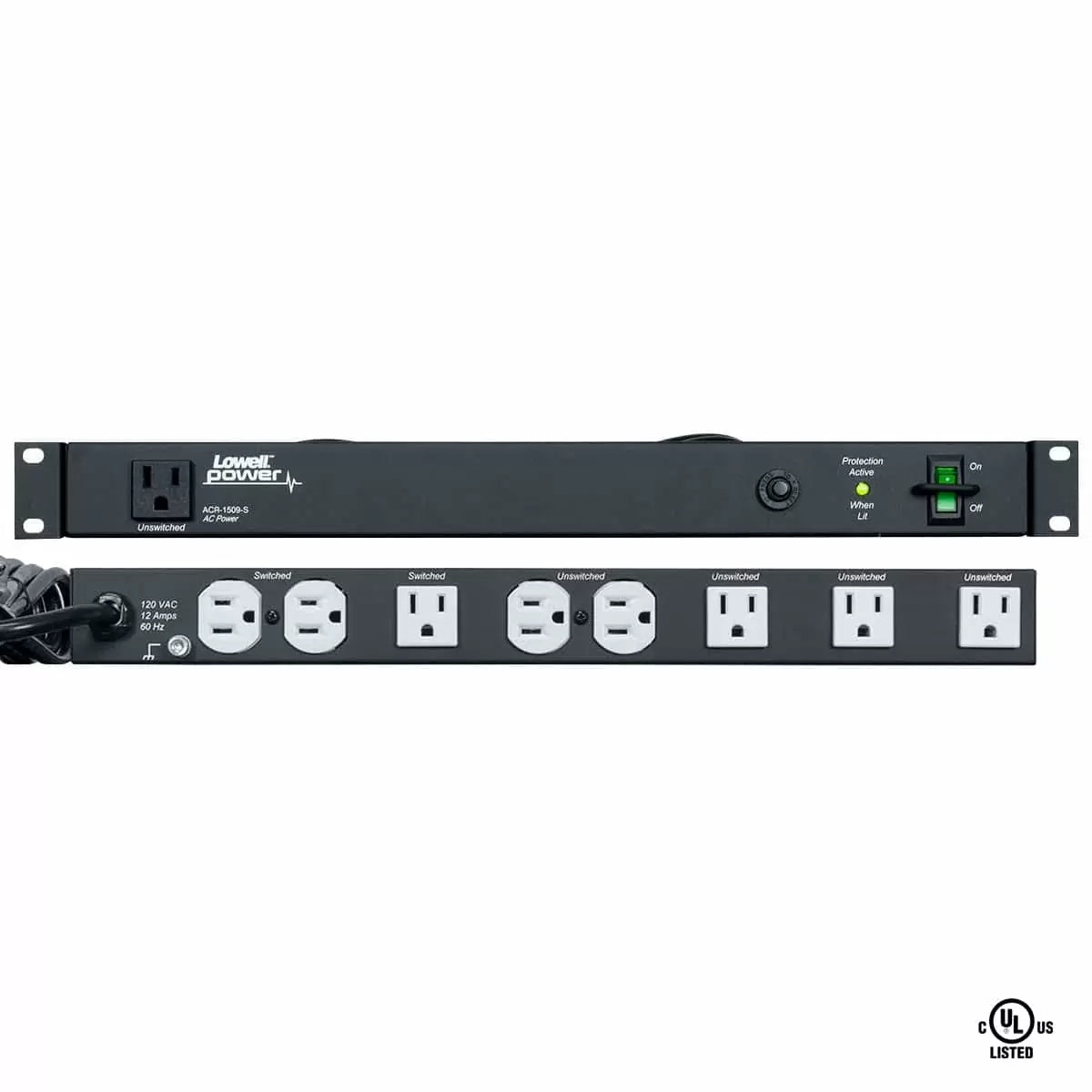 Lowell Rackmount Power Distribution Unit 1U AC Power Strip | 9 Outlets | 15A | Surge Suppression, Guarded Switch