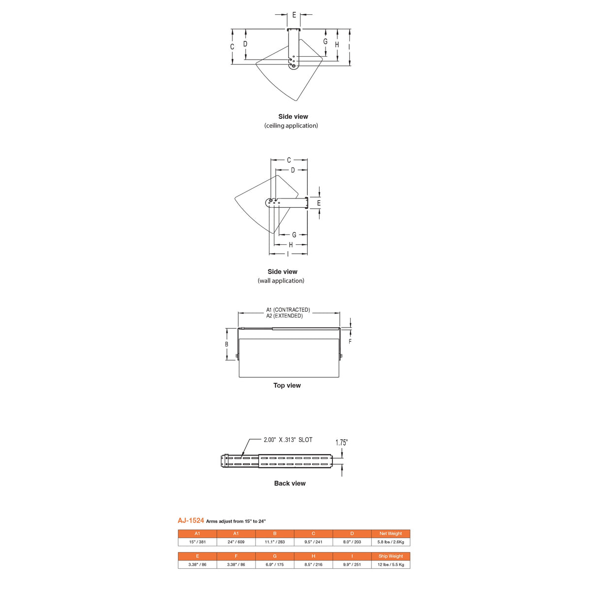 AJ-1524-BT adjustable U-bracket dimensional drawing with ceiling and wall side views, top and back views, 2.00 x .313 inch slot callout and specification table for 15 to 24 inch arm adjustment, Adaptive Technologies