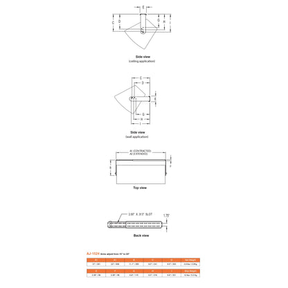 AJ-1524-BT adjustable U-bracket dimensional drawing with ceiling and wall side views, top and back views, 2.00 x .313 inch slot callout and specification table for 15 to 24 inch arm adjustment, Adaptive Technologies