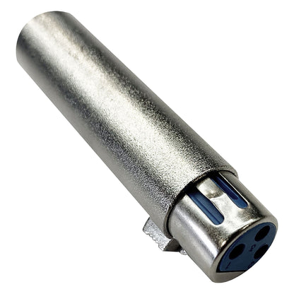 6006 DMXcat adapter angled view showing nickel barrel and 3-pin XLR female end with blue insert, City Theatrical