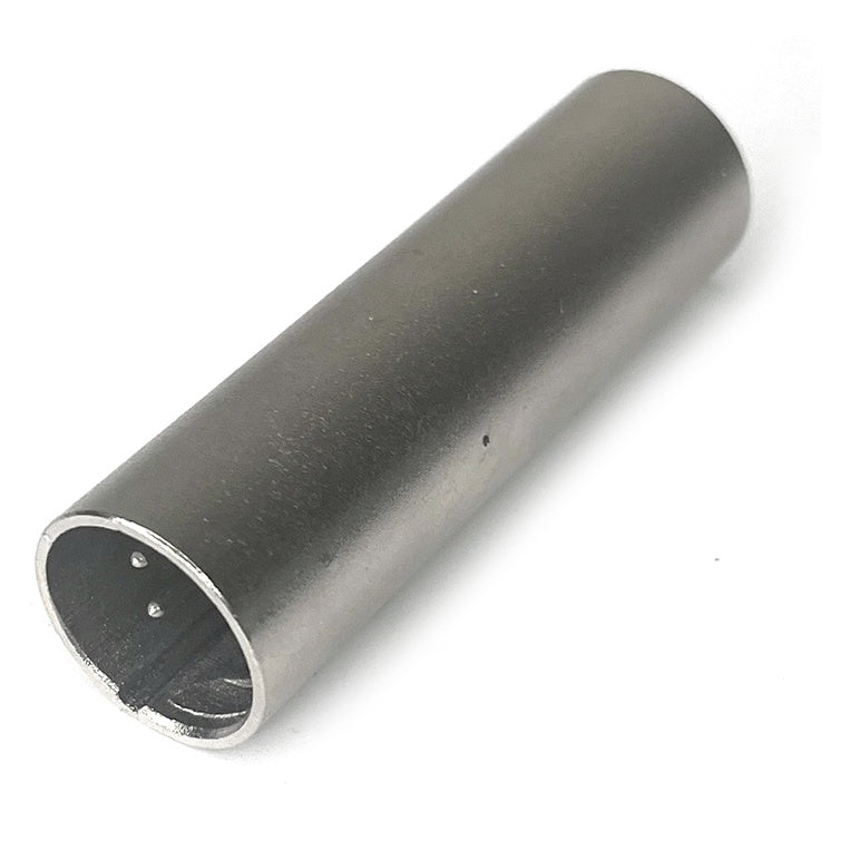 6007 XLR5M to XLR5M DMX turnaround adapter, angled view of nickel barrel showing male 5-pin connector face, City Theatrical