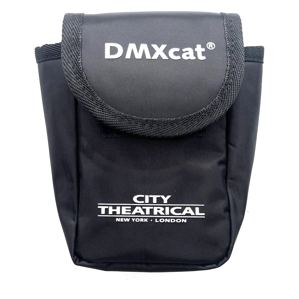 DMXcat 6009 front view of black nylon belt pouch with hook-and-loop flap and white logo, City Theatrical