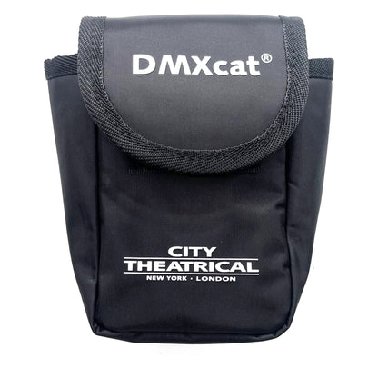 DMXcat 6009 front view of black nylon belt pouch with hook-and-loop flap and white logo, City Theatrical
