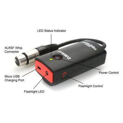 DMXcat hardware dongle callout diagram showing XLR5F whip connector, micro USB charging port, LED status indicator, power and flashlight controls, City Theatrical