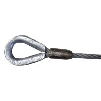 3/8 in wire rope assembly 30 in sleeve end view showing galvanized thimble eye and swaged ferrule on braided steel cable, Adaptive Technologies