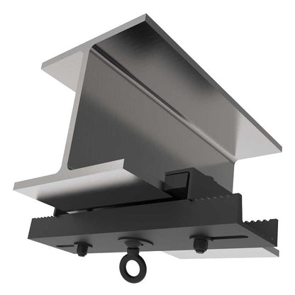 BC12-18-GE beam clamp underside angled view mounted on steel I-beam flange with serrated black clamp plates, two hex bolts and gimbaled eye bolt hang point, Adaptive Technologies