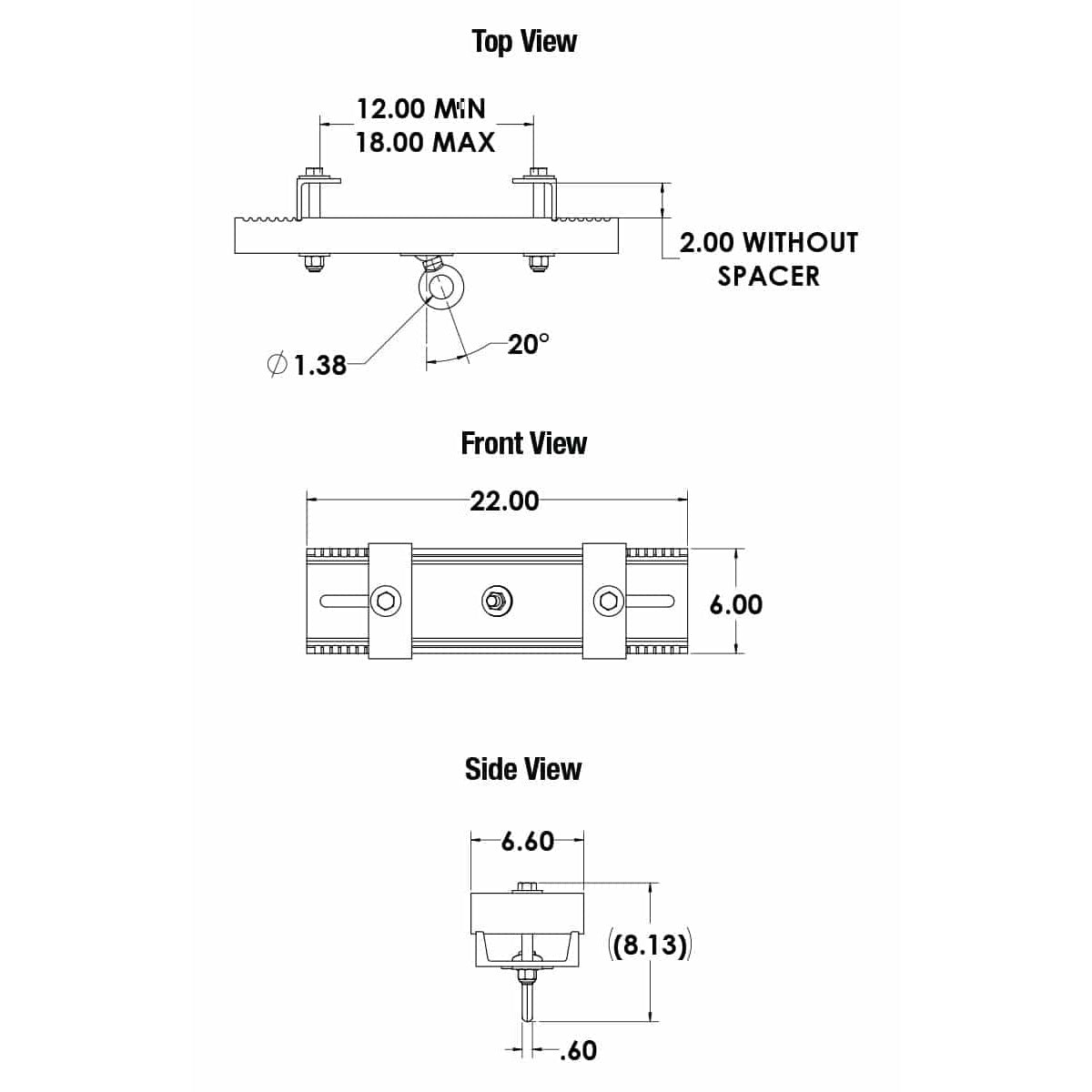BC12-18-GE beam clamp dimensional drawing with top, front and side views showing 12-18in beam range, 22in length, 6in width and 20 degree gimbal eye bolt, Adaptive Technologies