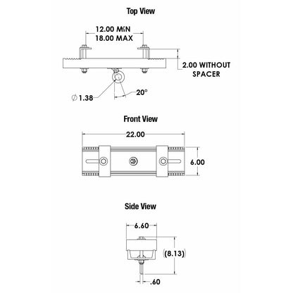 BC12-18-GE beam clamp dimensional drawing with top, front and side views showing 12-18in beam range, 22in length, 6in width and 20 degree gimbal eye bolt, Adaptive Technologies