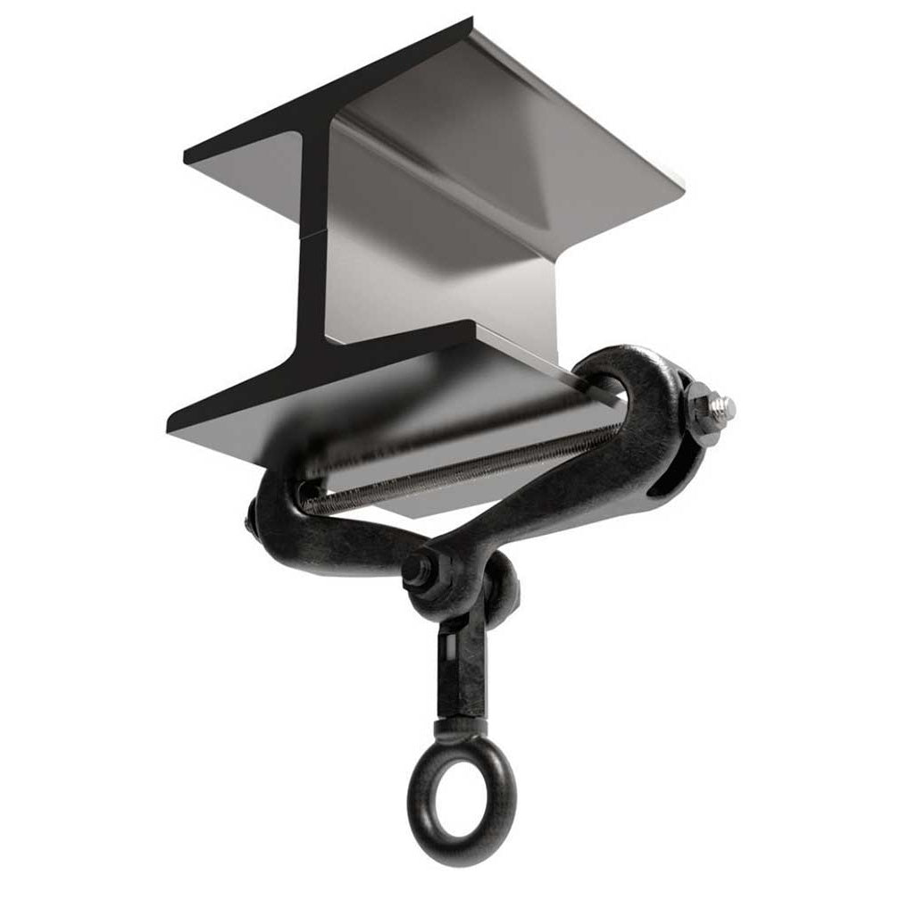 BC3-7J scissor-style beam clamp angled view clamped onto steel I-beam flange with threaded rod and swivel eye bolt hanging below, Adaptive Technologies