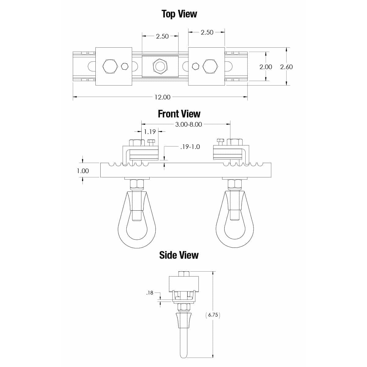 BC3-8-2 beam clamp dimensional drawing with top, front and side views showing 12.00 in length, 3.00-8.00 in beam range and 6.75 in height, Adaptive Technologies