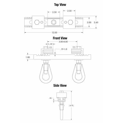 BC3-8-2 beam clamp dimensional drawing with top, front and side views showing 12.00 in length, 3.00-8.00 in beam range and 6.75 in height, Adaptive Technologies