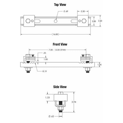 BC7-12-0 beam clamp dimensioned technical drawing with top, front and side views showing 7.00-12.00 in span, 16.00 in overall length and 0.69 in center hole, Adaptive Technologies