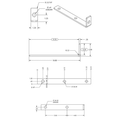 BC-LAM-KIT beam clamp laminate adapter bracket dimensional drawing showing L-shaped plate with 10.00 inch length, 2.50 inch upright, and 0.69 and 0.56 diameter mounting holes, Adaptive Technologies