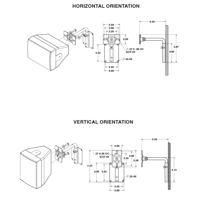 MM-008-BT multi-mount dimensional drawing showing horizontal and vertical speaker orientations with exploded views, mounting hole patterns and 5.55 inch wall projection, Adaptive Technologies