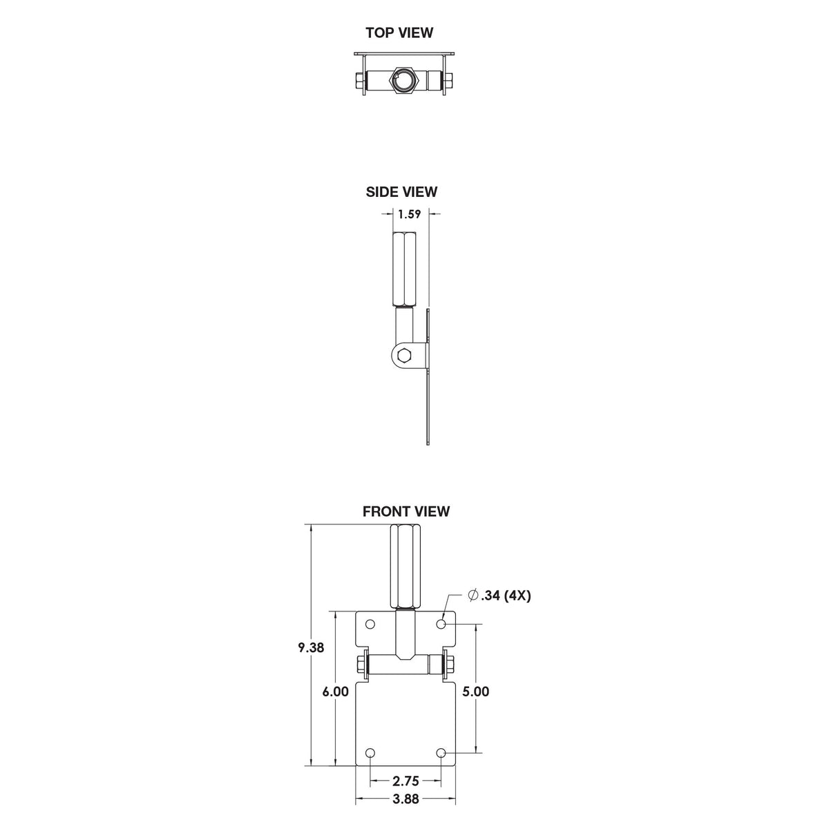 MM-018 multi-mount ceiling speaker bracket dimensional drawing with top, side and front views showing 9.38 in height, 3.88 in width, 1.59 in depth and four 0.34 in mounting holes, Adaptive Technologies