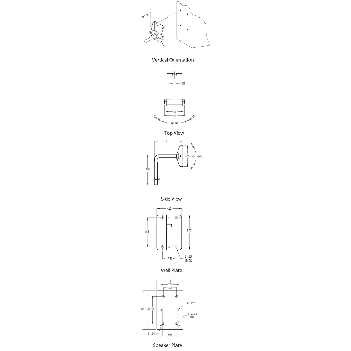 MM-024-BT speaker mount dimensional drawings showing vertical orientation, top, side, wall plate and speaker plate views with hole patterns and tilt and pan angles, Adaptive Technologies