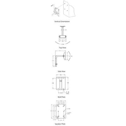 MM-024-BT speaker mount dimensional drawings showing vertical orientation, top, side, wall plate and speaker plate views with hole patterns and tilt and pan angles, Adaptive Technologies