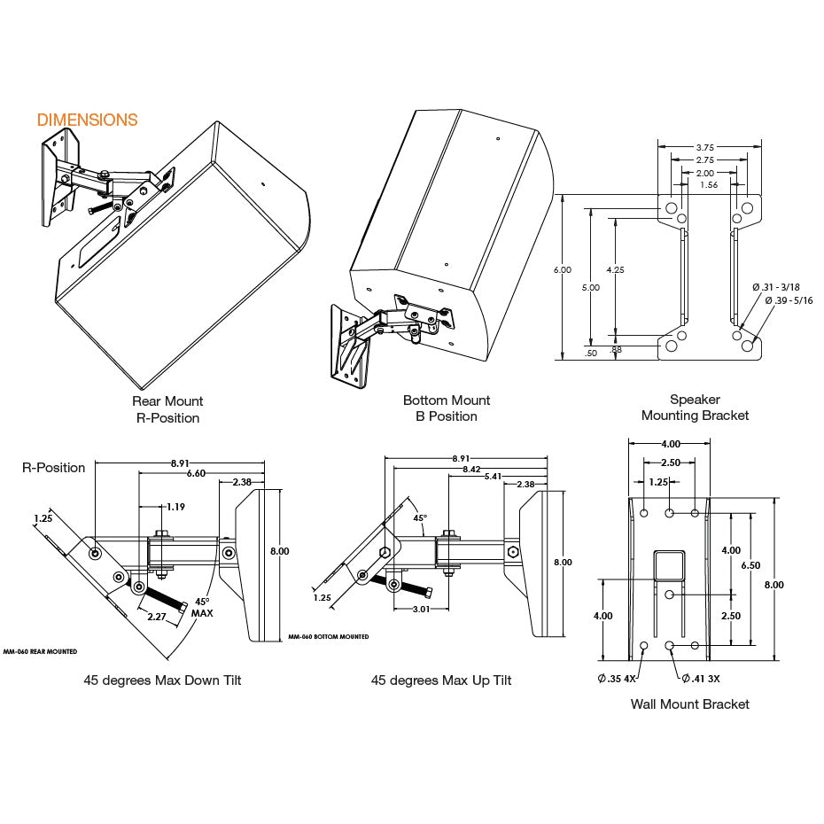 MM-060 speaker wall mount dimensional drawings showing rear and bottom mount positions, speaker bracket, wall bracket hole spacing and 45 degree max up and down tilt, Adaptive Technologies