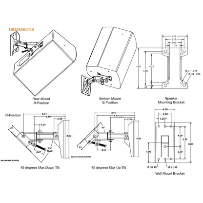 MM-060 speaker wall mount dimensional drawings showing rear and bottom mount positions, speaker bracket, wall bracket hole spacing and 45 degree max up and down tilt, Adaptive Technologies
