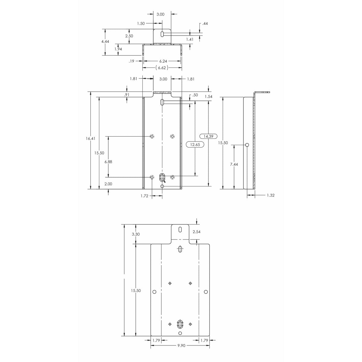 MM-120-7212-AP JBL 7212 / 7215 adapter bracket dimensional drawing with top, front, side and flat-pattern views showing 15.50 and 16.41 length dimensions, 9.90 flat width, and slotted mounting holes, Adaptive Technologies