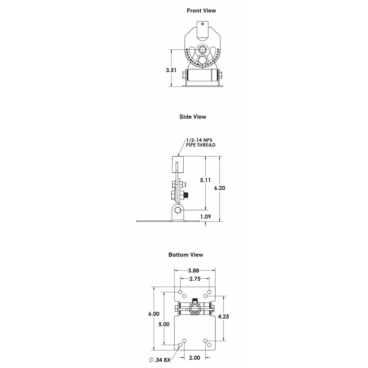 MM-3RDX-18 multi-mount speaker ceiling mount dimensioned drawing with front, side and bottom views showing 1/2-14 NPS pipe thread, 6.20 inch overall height and 8 mounting holes, Adaptive Technologies