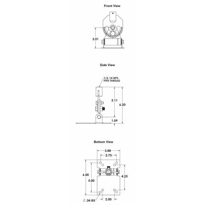 MM-3RDX-18 multi-mount speaker ceiling mount dimensioned drawing with front, side and bottom views showing 1/2-14 NPS pipe thread, 6.20 inch overall height and 8 mounting holes, Adaptive Technologies