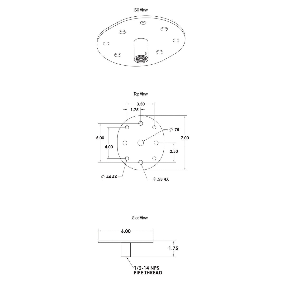 MP-500NPT-CP ceiling plate technical drawing with iso, top and side views showing 7.00 x 6.00 inch plate, eight mounting holes and 1/2-14 NPS pipe thread, Adaptive Technologies