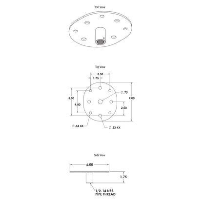 MP-500NPT-CP ceiling plate technical drawing with iso, top and side views showing 7.00 x 6.00 inch plate, eight mounting holes and 1/2-14 NPS pipe thread, Adaptive Technologies