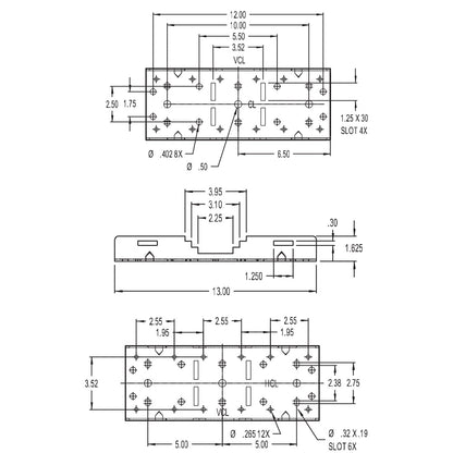 PM-010 PoleStar pole adapter zinc technical drawing showing top, side and bottom views with hole pattern and 13.00 inch length dimensions, Adaptive Technologies